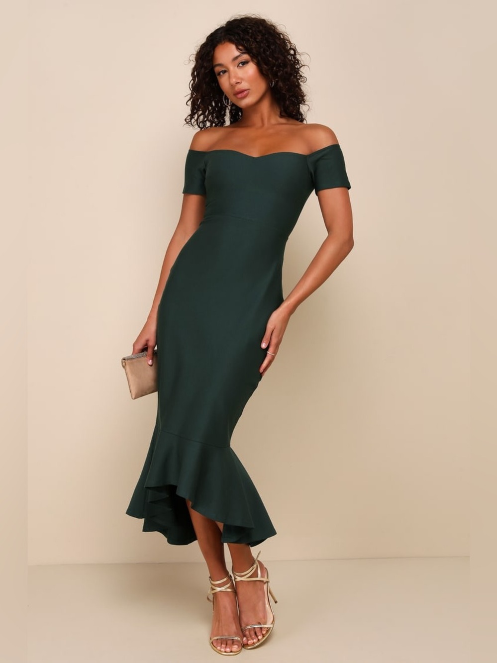 NWT Lulus How Much I Care Dark Green Off-the-Shoulder Midi Dress